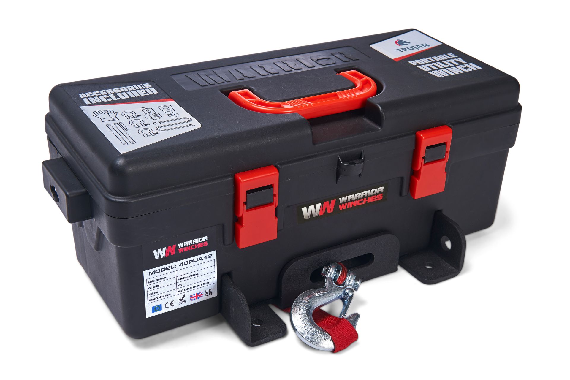 [40PUA12-CAD] Trojan 4,000lb 12v Portable Utility Winch - Synthetic Rope